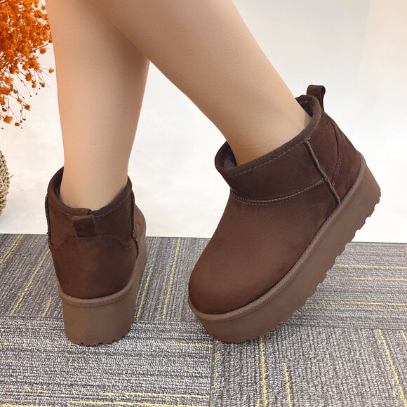 Women BROWN Winter Slip On Warm Fur Suede Snow Ankle Boots Slipper 2 Inch Sole - Picture 5 of 5